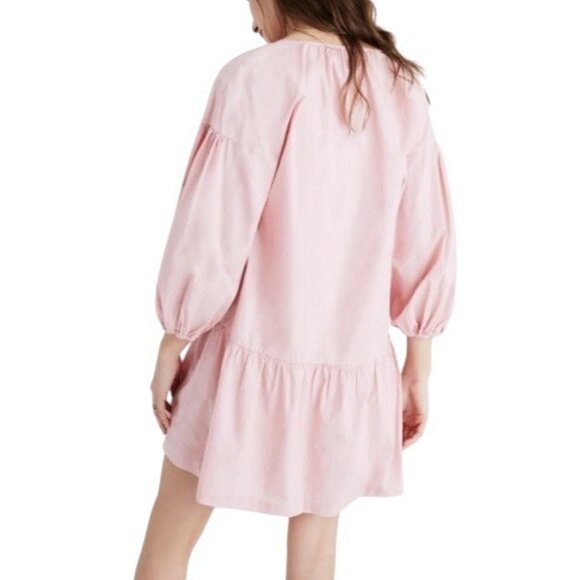 Madewell Women’s Pink Tunic Dress Medium Size V Neck 100% Cotton Drop Waist - Picture 2 of 8
